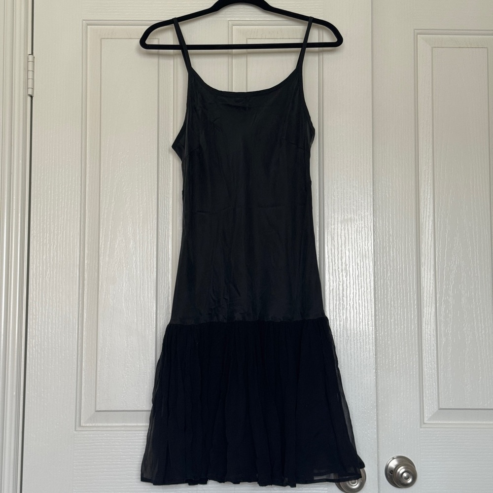 Flannel Silk Black Slip Dress with Ruffle Hem